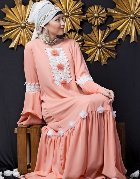 Dubai Bell Sleeve flowers around knee party Abaya Peach
